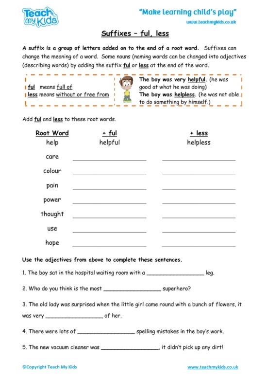 Worksheets for kids - suffixes-ful-less